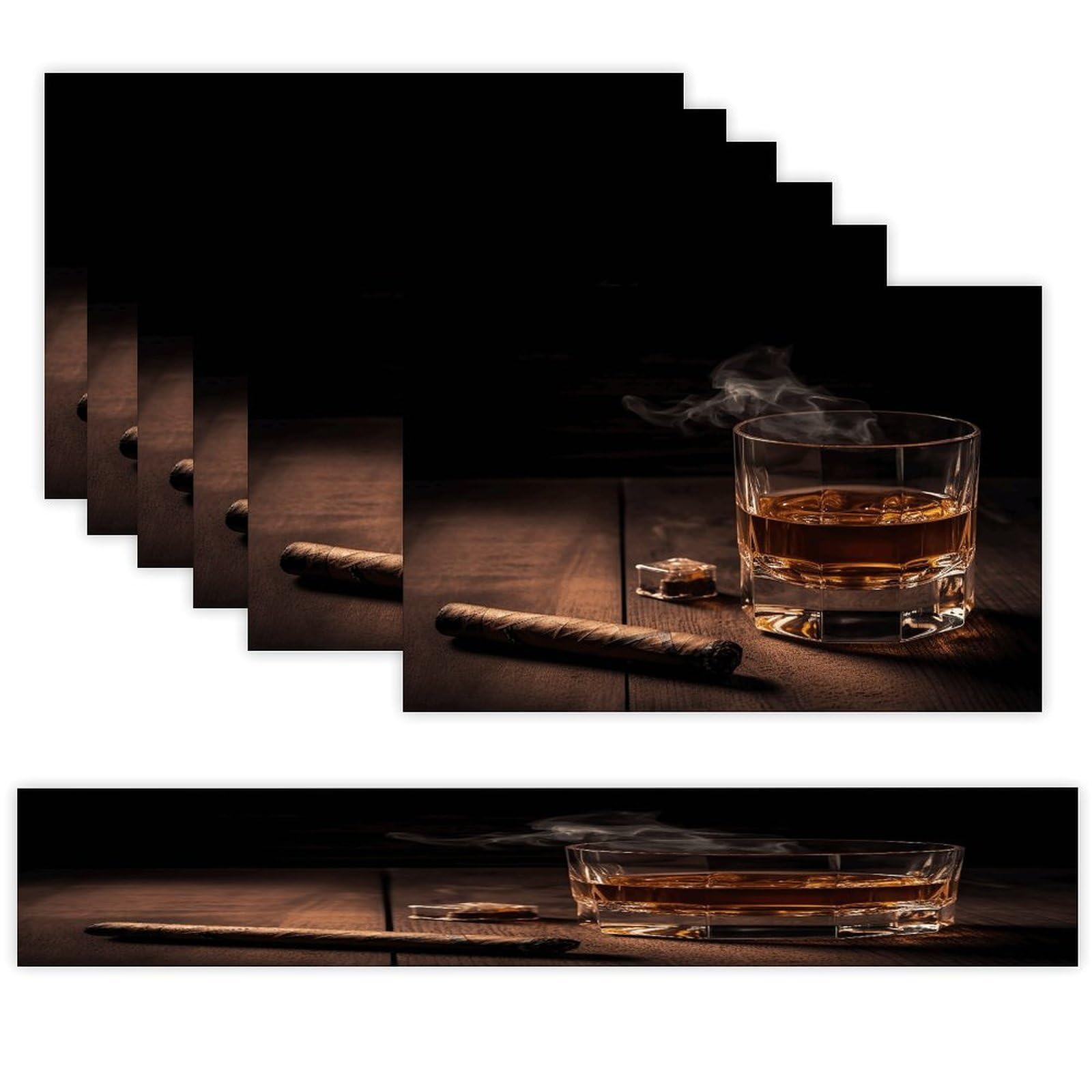 Cigar & Whiskey Table Runner and Placemats Set of 6 Heat Resistant Non-Slip Place Mats Washable Linen Dining Mat Sets Modern Cloth Table Mat Art Dining Decor for Daily Use