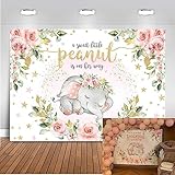 Mocsicka Elephant Baby Shower Backdrop for Girl Pink Floral Sweet Little Peanut is on Her Way Photo Backdrops Cute Elephant Baby Shower Party Cake Table Photography Background (7x5ft)