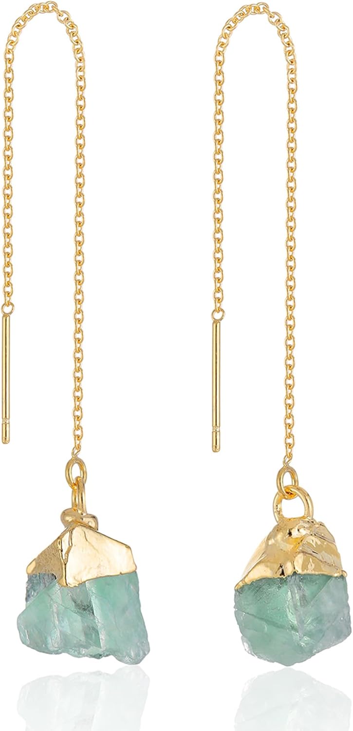 Crystal Dangle Earrings, Long Chain Drop Earrings Gemstone Threader Earrings 14K Gold Plated Earrings for Women Trendy