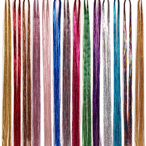 Hair Tinsel Strands Sparkling Shiny Glitter Dazzle Bling 100CM 14 Color 2000 Strands Hair Extensions Christmas Gift For Kid Party Party Highlights (40 Inch, 14 Colors Hair Tinsel)