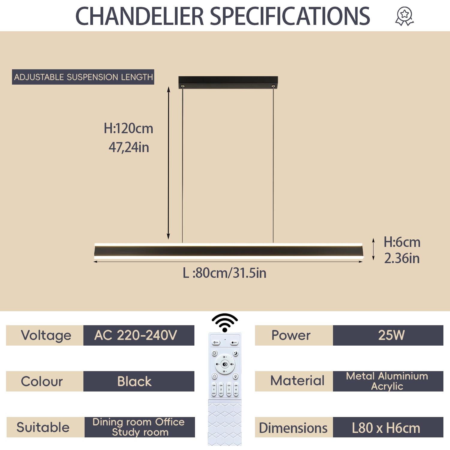 Moderne LED Pendelleuchten Esszimmer Pendelleuchte Dimmbare Büroleuchte Fernbedienung Lineare Kronleuchter Aluminium Kücheninselbeleuchtung Kreative Hängelampe für Küche Tischlampe (Schwarz, L80cm)