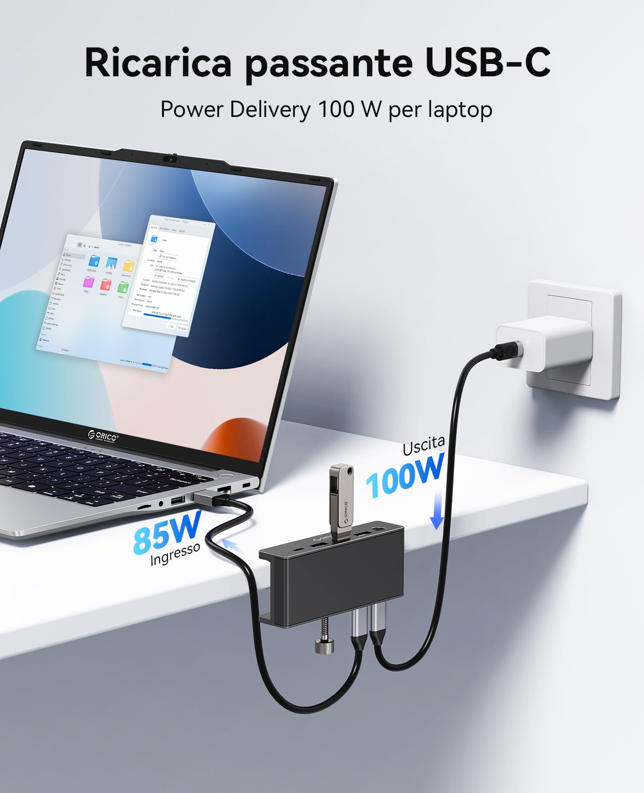 ORICO Docking Station Clip, Hub USB-C 8-in-1 con HDMI 4K@60Hz, PD 100W, Ethernet Gigabit, 4xUSB, AUX, 10Gbps Hub USB Dock per Laptop, MacBook, PC (Adattatore non incluso)