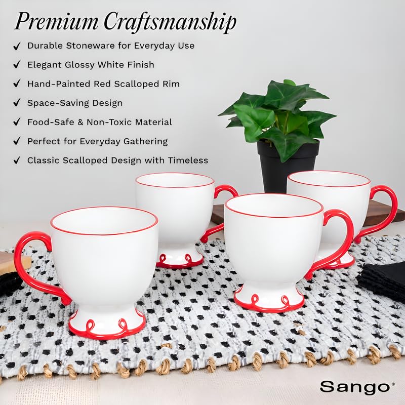 Image of SANGO Splash of Cheers Large Mugs Set of 4, 16 oz Stoneware Red and White Coffee Mugs, Ceramic Drinkware for Coffee or Tea, Durable Everyday Cups, Dishwasher & Microwave Safe, Scalloped Mug Set
