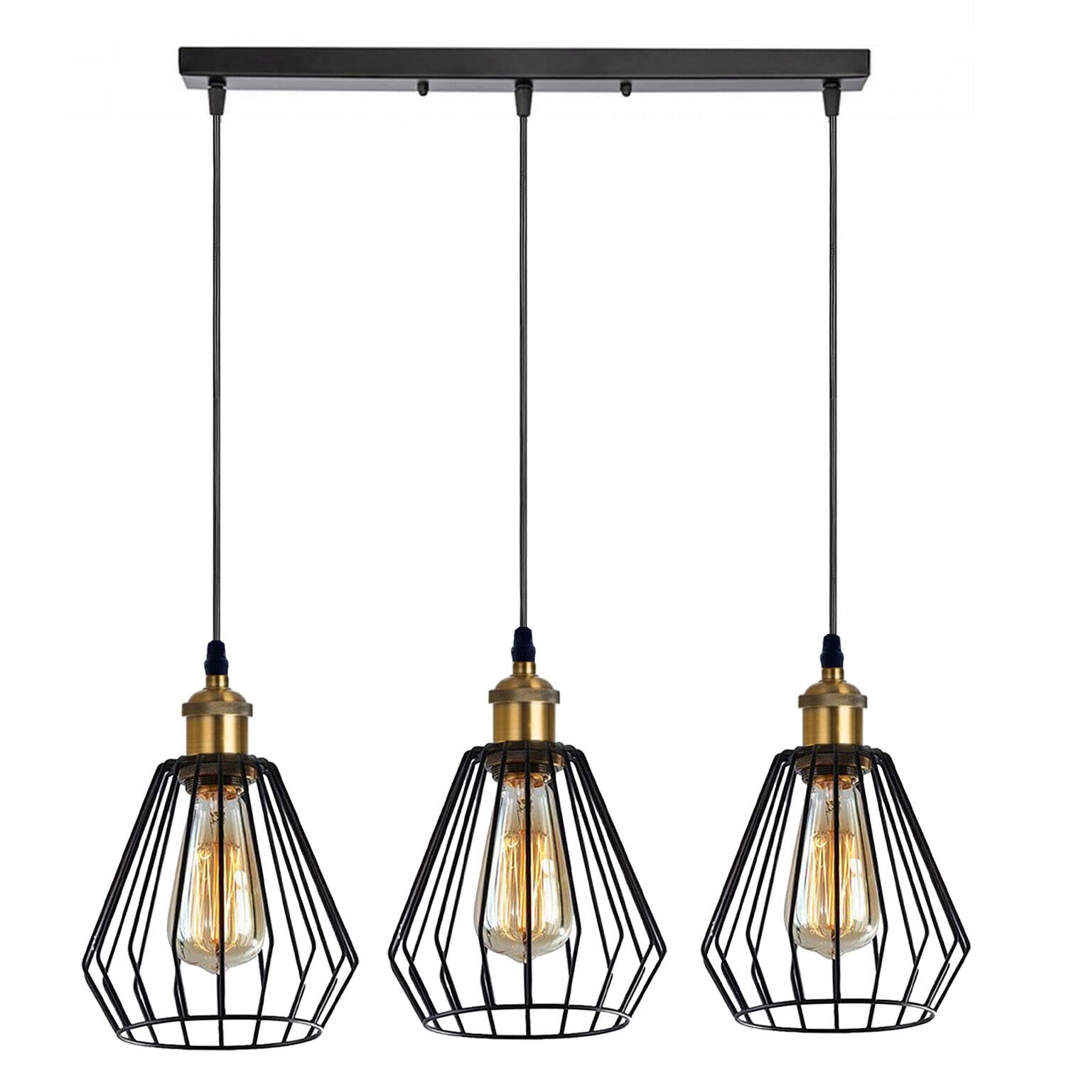 LEDSone Vintage Retro 3-Wege-Deckenleuchte, Cluster-Lampenschirm, Schwarz, Halbdiamant-Form, Drahtkäfig-Lampenschirme, UK E27 Halterung Beleuchtungs-Kit