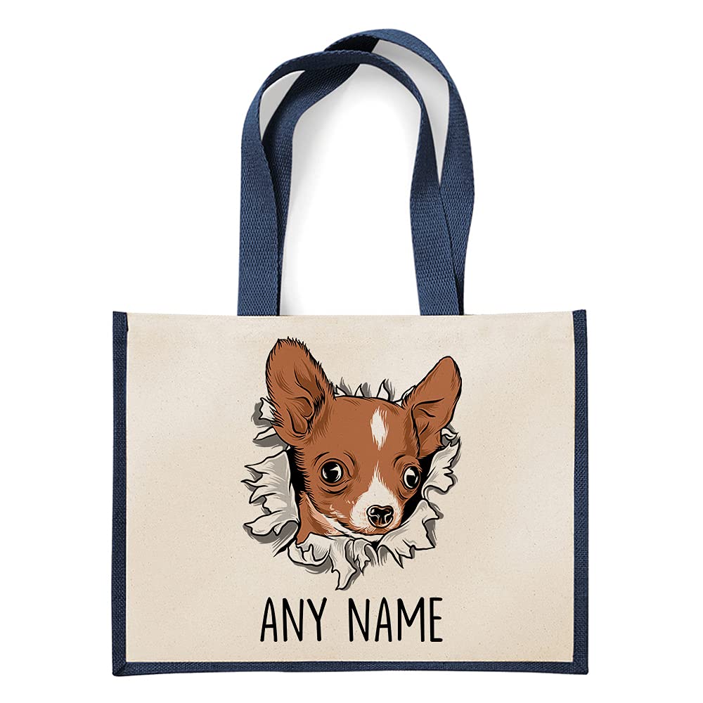 Getagift Personalised Chihuahua Dog Miniature with ANY NAME, Gift for Pet/Dog Owner, Friends, Family, Birthday Present, Reusable Bag, Shopping Bag, Canvas Jute Bag. (Navy Blue)