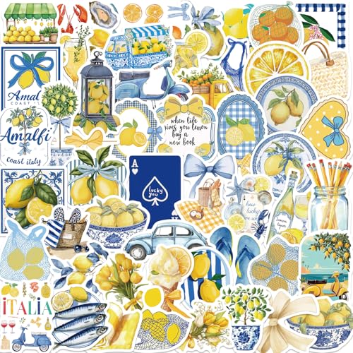 53PCS Aesthetic Lemon Stickers Mediterranean Theme Cute Cartoon Fruit Decals for Water Bottles Laptops Scrapbooks Vinyl Waterproof DIY Decor