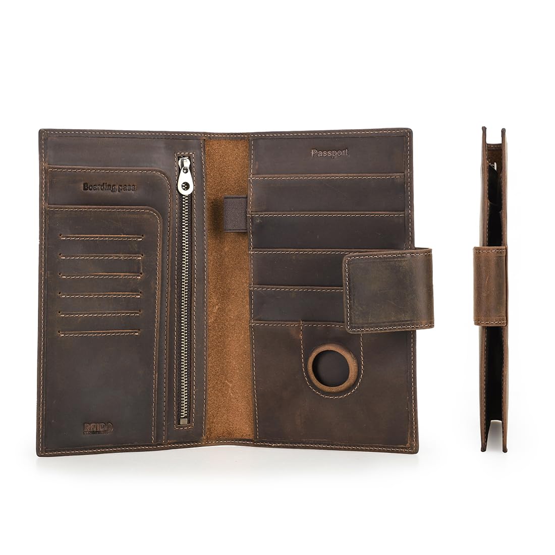 CONTACTS Portafoglio da uomo per passaporto in vera pelle con blocco RFID, con slot AirTag, organizer per carte, pochette sottile per viaggi in famiglia, Marrone scuro-L, Carry 1-4 passport, Rétro