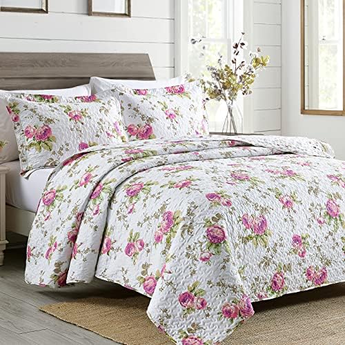 GREAGLE Queen Size Quilt Set, Lightweight Rose Printed Full Size Bedspread Coverlet Set with 2 Pillow Sham, (Pink Rose, 90x90 Inches)