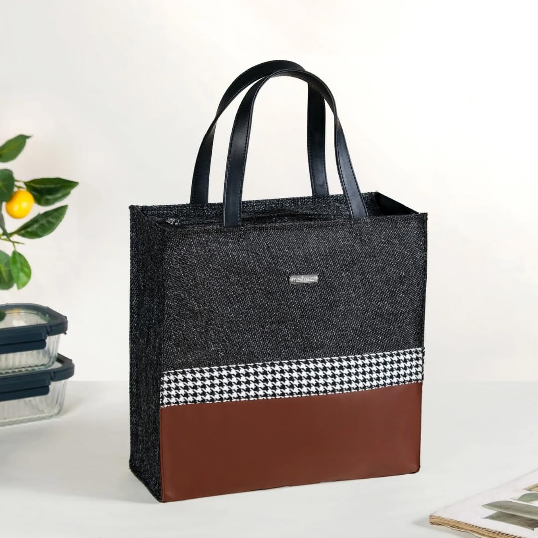 Nestasia Jute Lunch Bag for Office (31.5 cm x 13 cm), Eco - Friendly & Stylish Tiffin Bag for Men & Women with Side Pocket, Bottle Strap & Vegan Leather Handle (Brown & Black)