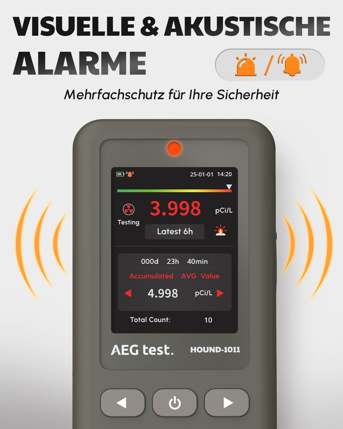 HOUND-1011 tragbarer Radon-Detektor für Zuhause, leicht, hochpräziser Sensor, 45 Tage Überwachung, einfach zu bedienen, Kurz- und Langzeitmessung in pCi/L oder Bq/m³, für Keller – Grau