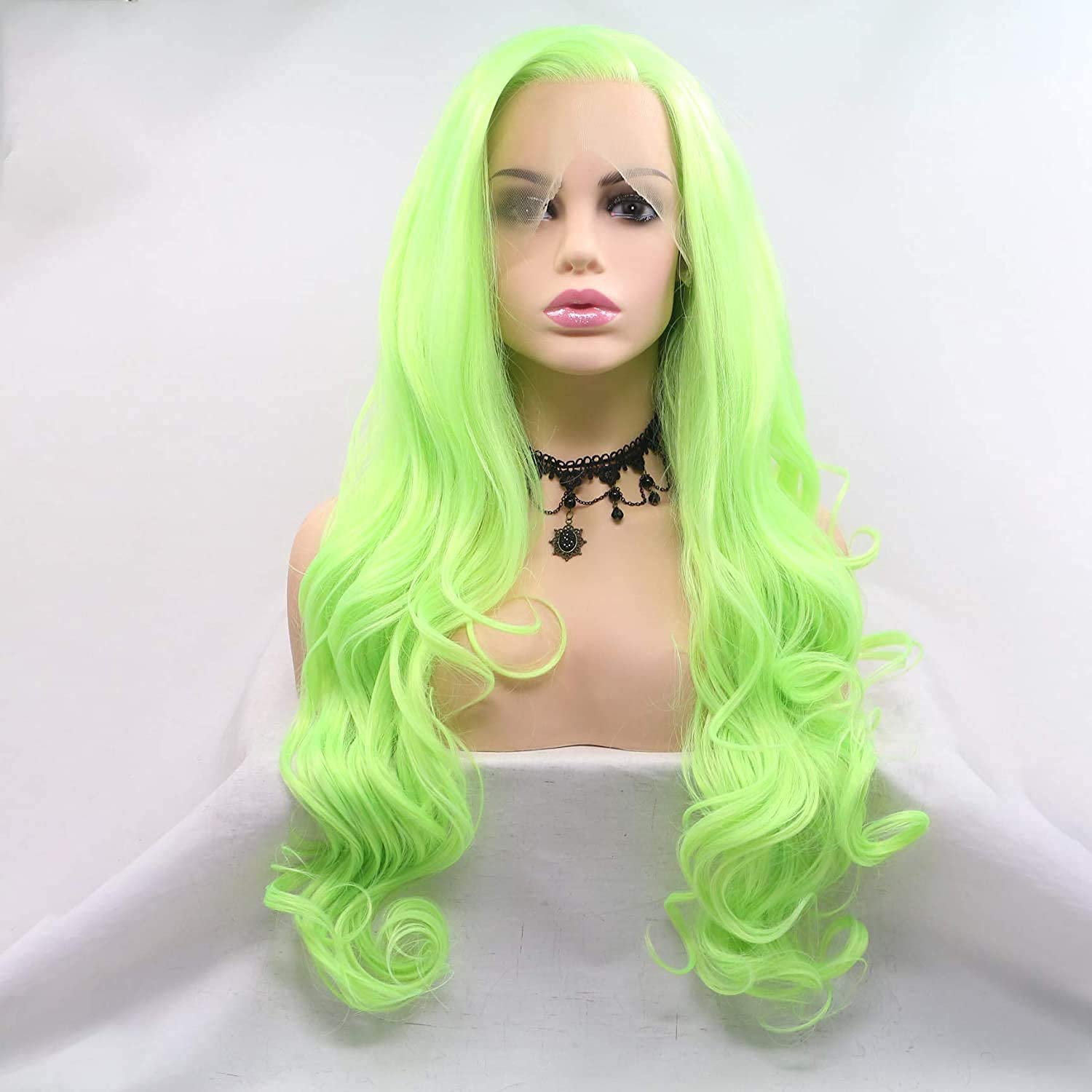Fluorescent Green Lace Front Wigs for Women Neon Green Long Body Wave Synthetic Lace Front Wigs Pre Plucked Natural Hairline Real Hair Wig Glueless Heat Resistant Fiber Hair Drag Queen 24 Inch - Image 3