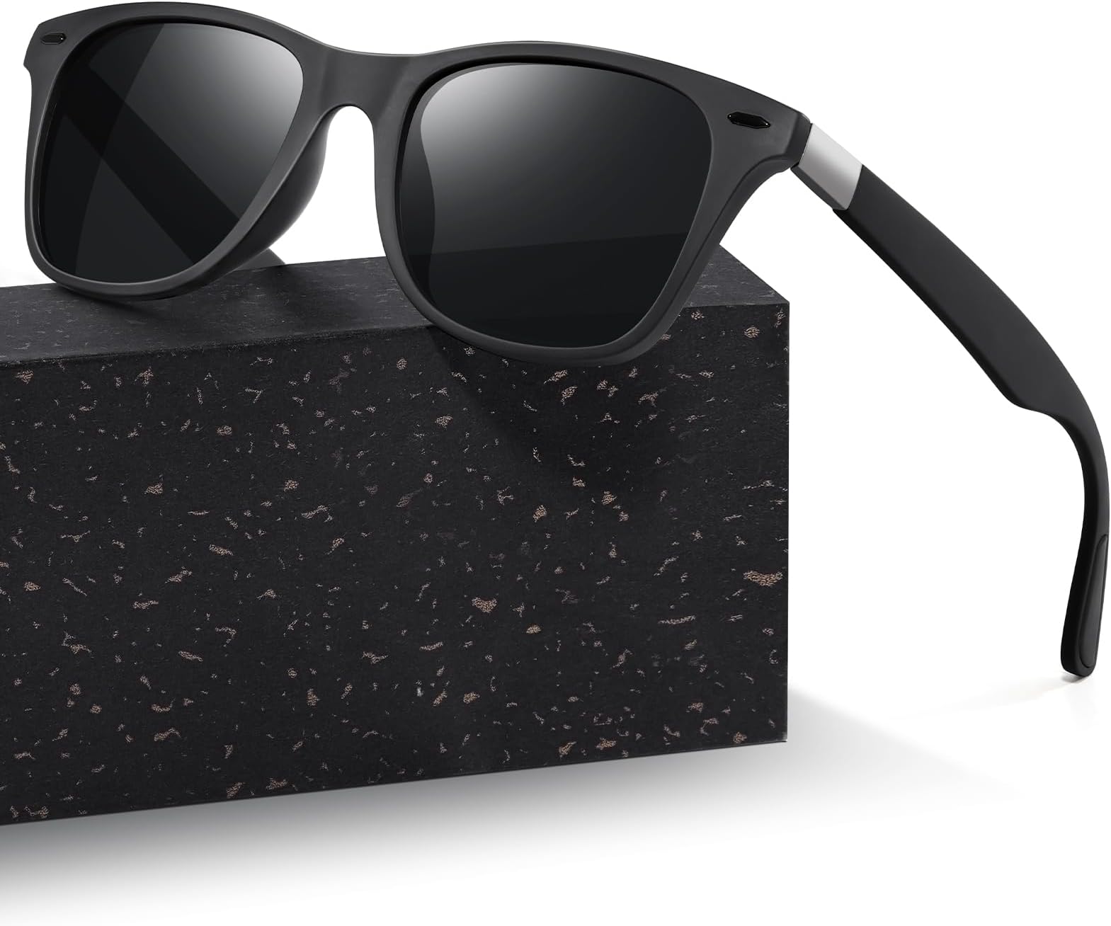 Sunglasses Mens Unisex Polarized Womens UV400 Protective Rectangular Sunglasses Black Anti-Glare Lenses Classic Ultra Light Square Driving Hiking Golf Fishing Sports Shades Black