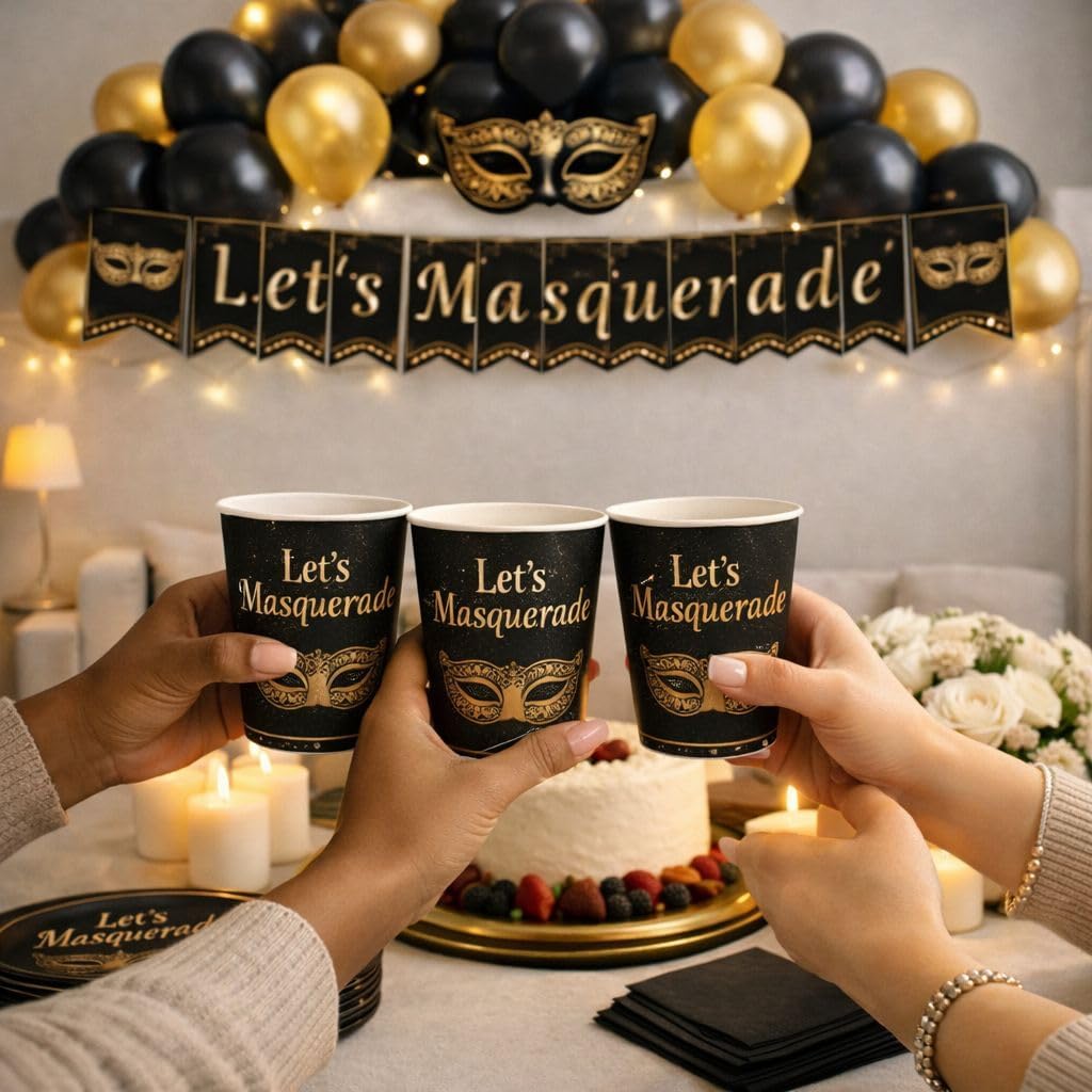 Masquerade Party Decorations Set – Elegant Black & Gold Masquerade Party Supplies with Banner, Plates, Cups, Napkins, Balloons & Cutlery for Birthday, Prom & Formal Parties