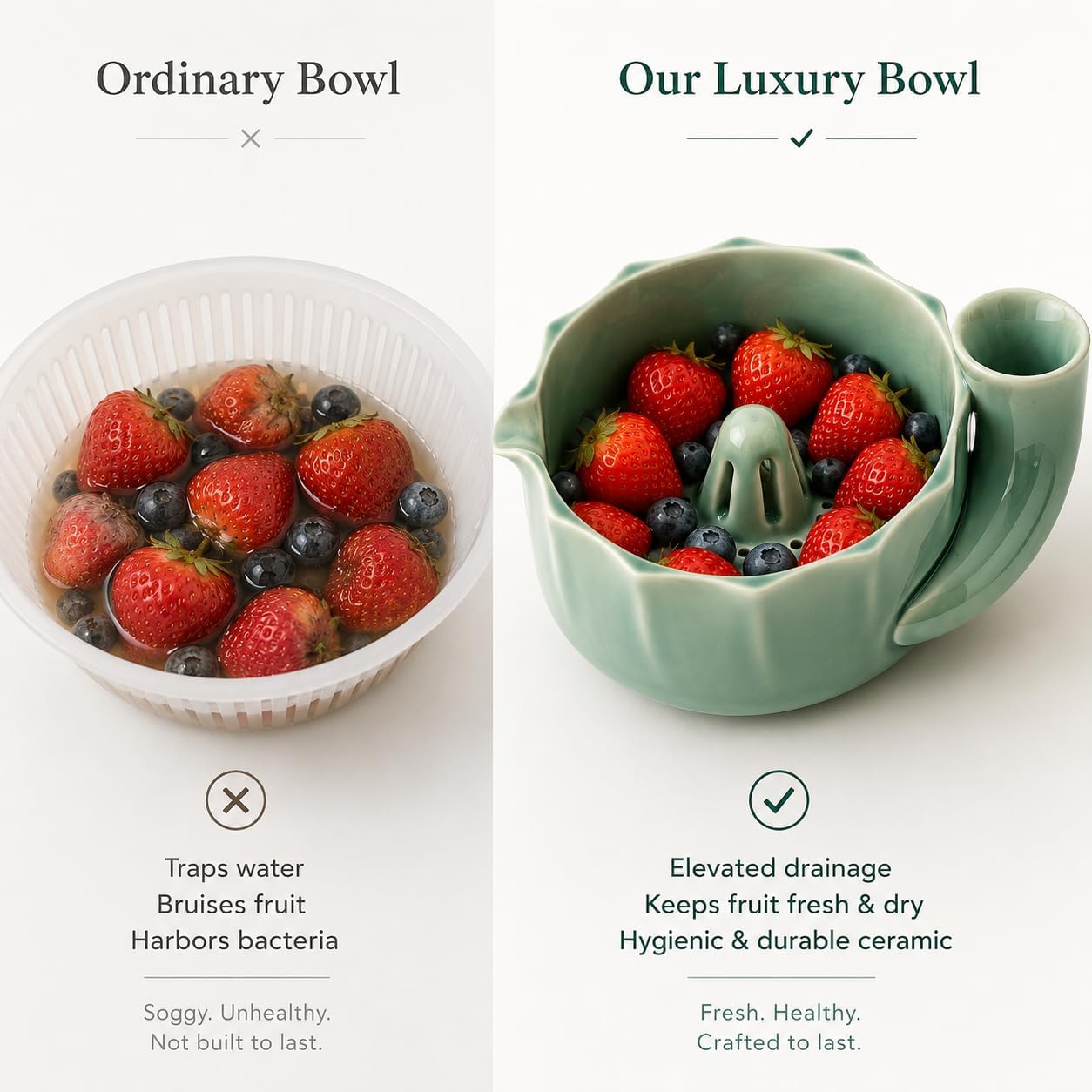 Self Spinning Ceramic Berry Washing Bowl, 360° Vortex Fruit Washer Colander with Drain Holes, Fruit Rinser for Berries Grapes Cherry Tomatoes