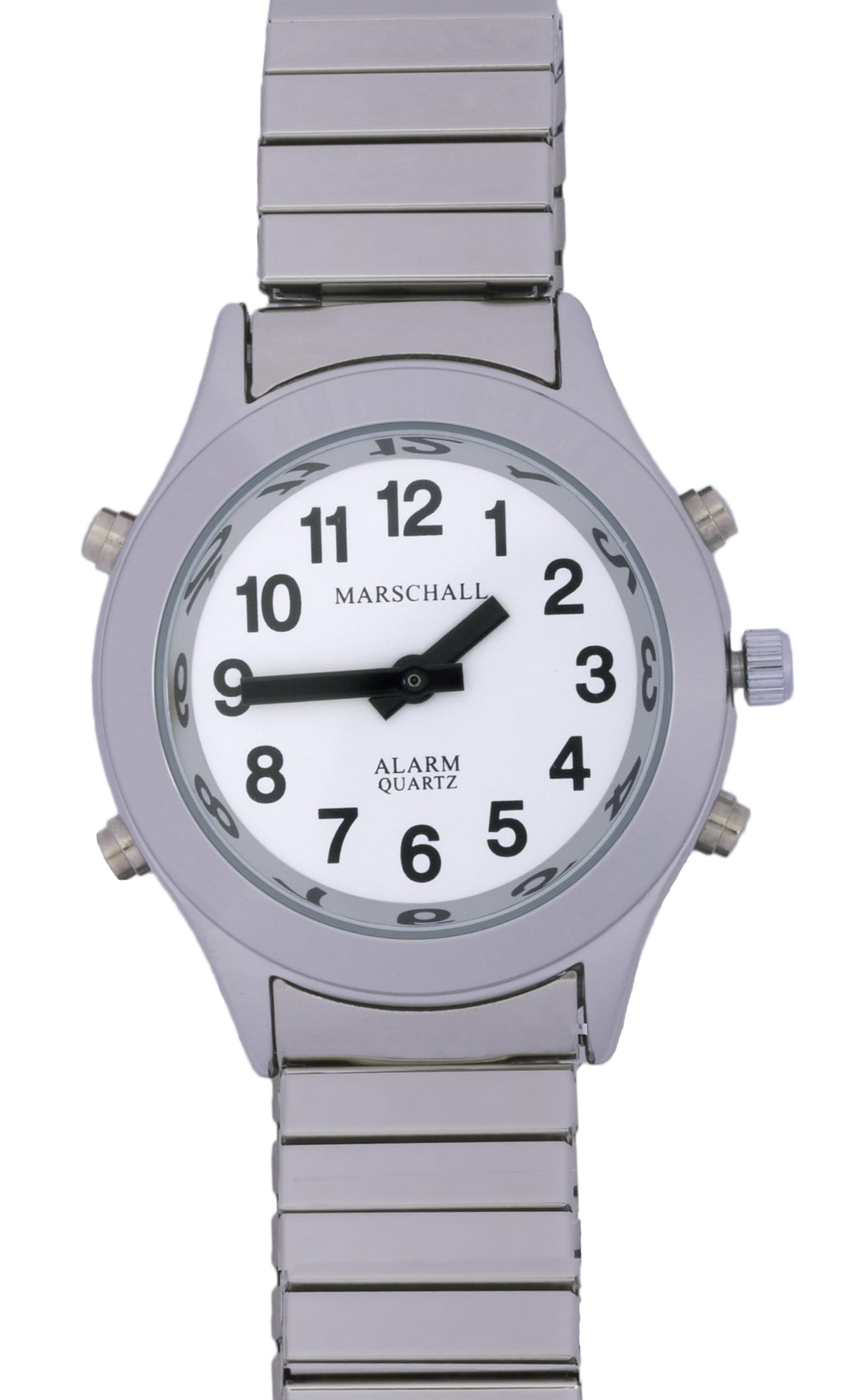 Marschall Deutsch sprechende Damen Armbanduhr I D-SM I Für Blinde, Senioren und Sehbehinderte I Komplette Datumsansage I Extra große Zeiger I Silberfarben mit Metall-Zugarmband