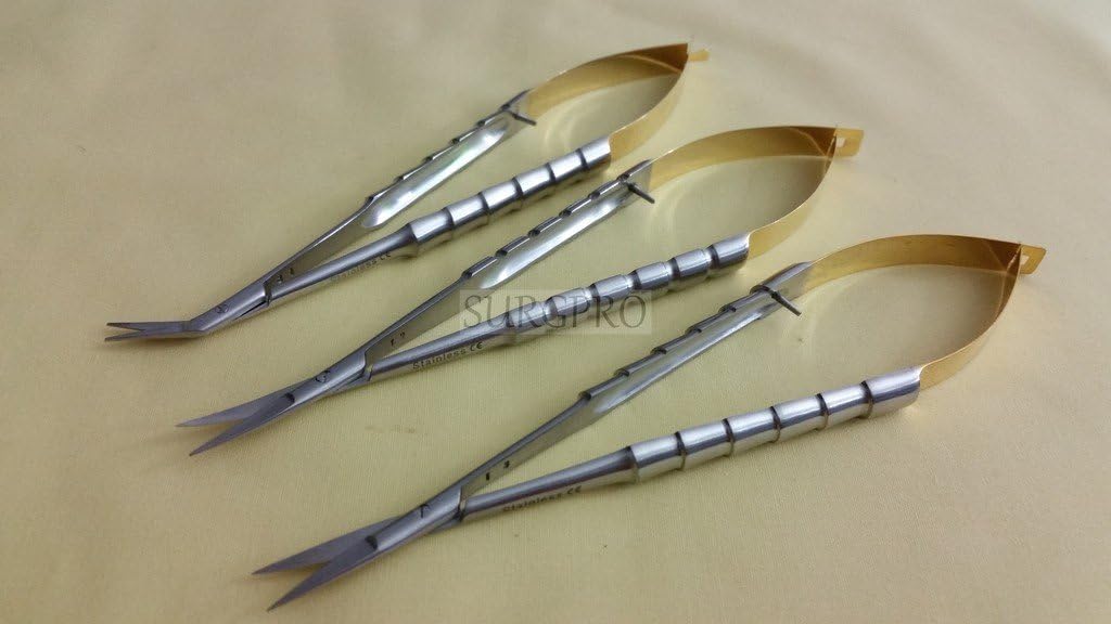 3 T/C Premium Grade Castroviejo Round Scissors Straight+Curved+Angled 15.2CM 6" with Tungsten Carbide Inserts Gold Handle (DH BRAND)