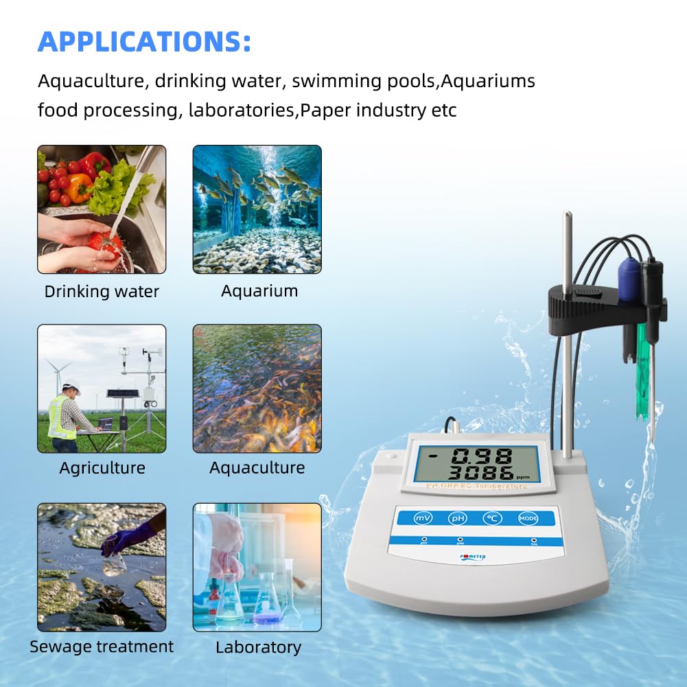 Monitor de Calidad del Agua, probador de Monitor Continuo 6 en 1, medidor de Banco de Temperatura PH ORP TDS EC CF, termómetro de Piscina para Piscina, Acuario, Laboratorio