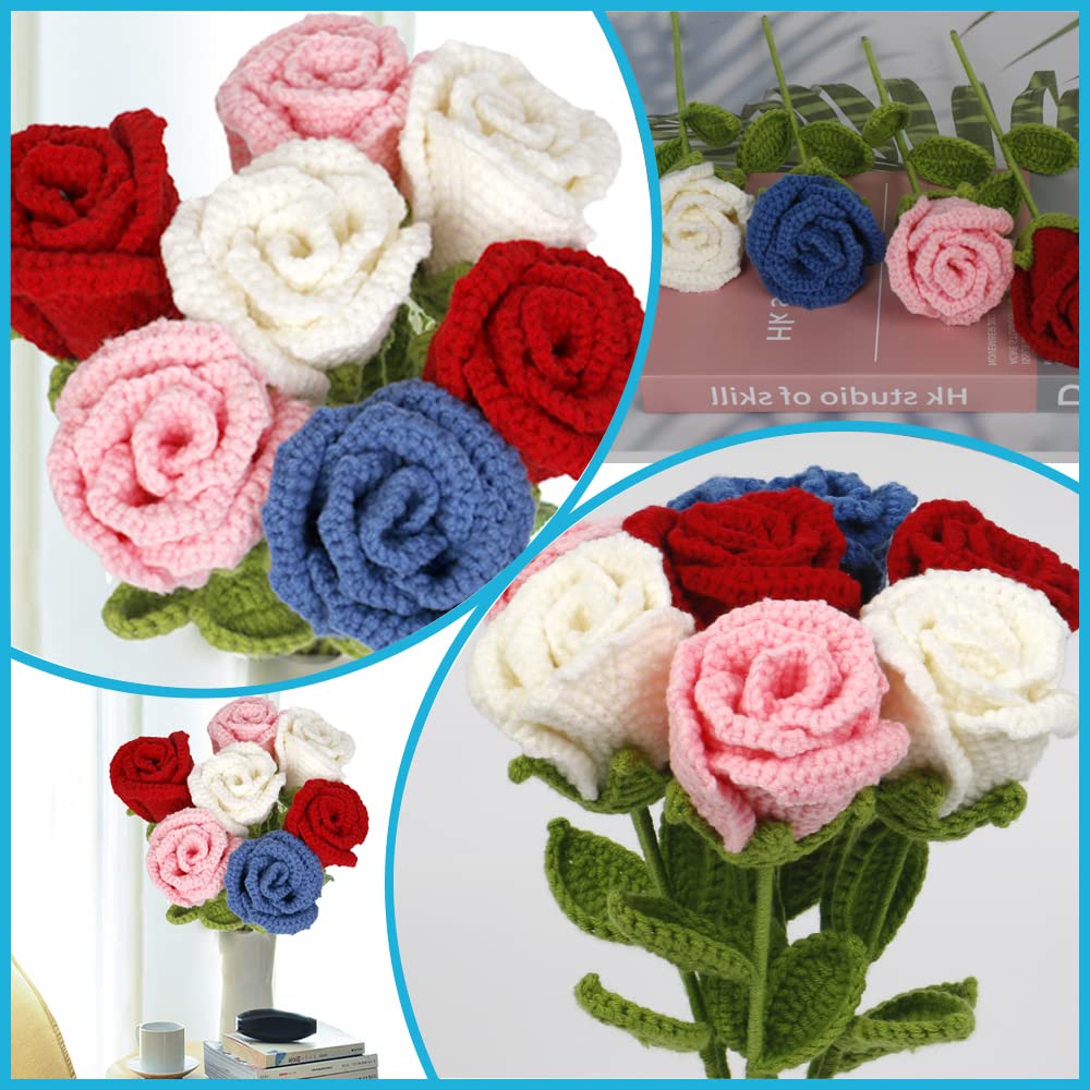 2PCS Artificial Knitted Wool Flowers Crochet Rose Floral Handmade