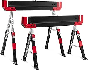 IRONMAX Folding Saw Horses 2 Pack, Height Adjustable Sawhorse 2600 Lbs Capacity w/ Flip-down Support Pegs &amp; 2x4 Support Arms, Easy Carry Sawhorses Table Twin Pack for Woodworking