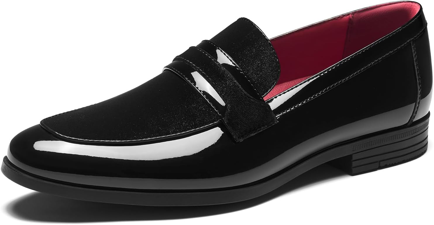 HEEZ Men's Slip On Dress Loafers,Formal Tuxedo Shoes for Men with Patent Velvet Upper, Comfortable Black Dress Shoes for Wedding Prom Party Dance Business