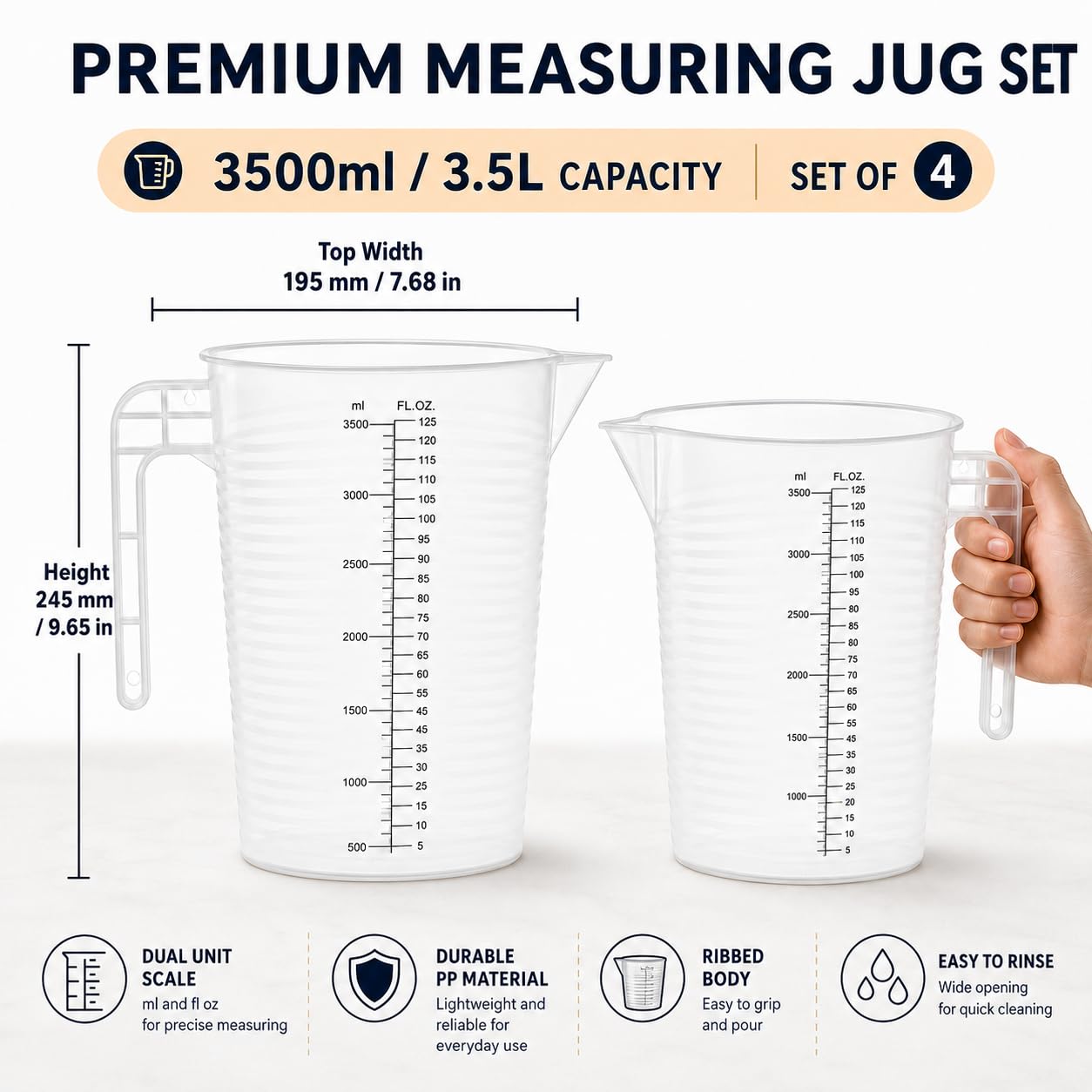 Jarra medidora de 3,5 L con asa, jarra medidora de plástico con escala de medición (4 paquetes)