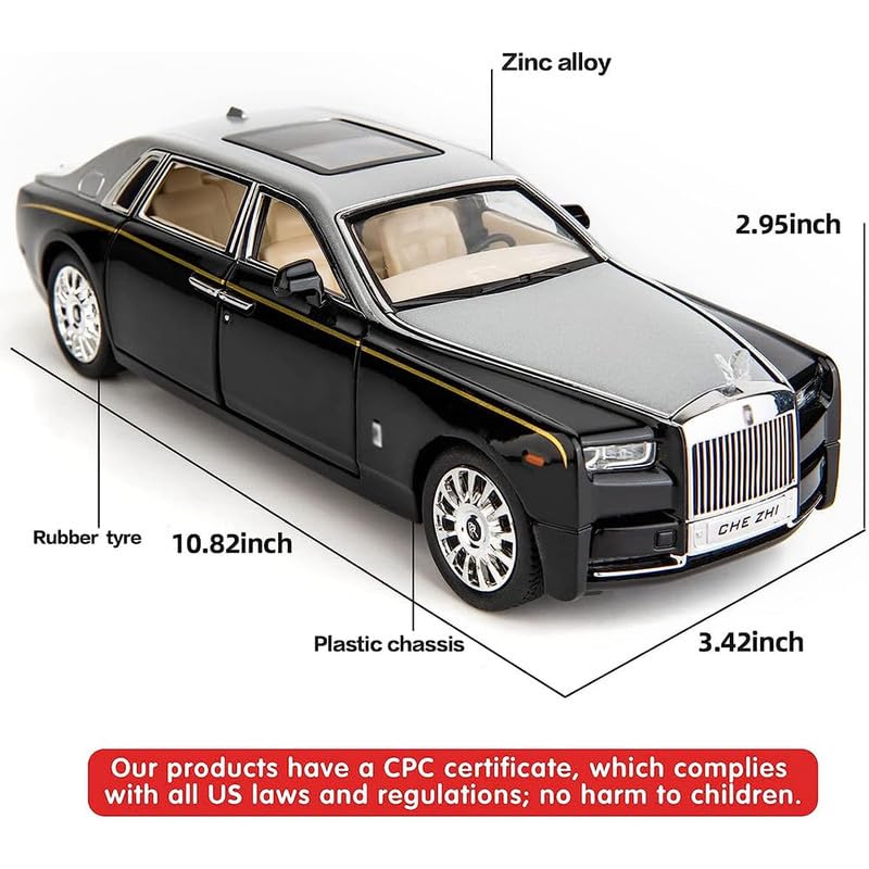 Image of PINQUE Kids New Car 1:24 Phantom Diecast Alloy Metal Pull Back Car with Openable Doors Music Sound and Light Vehicle Toy Car for Boys (Silver)