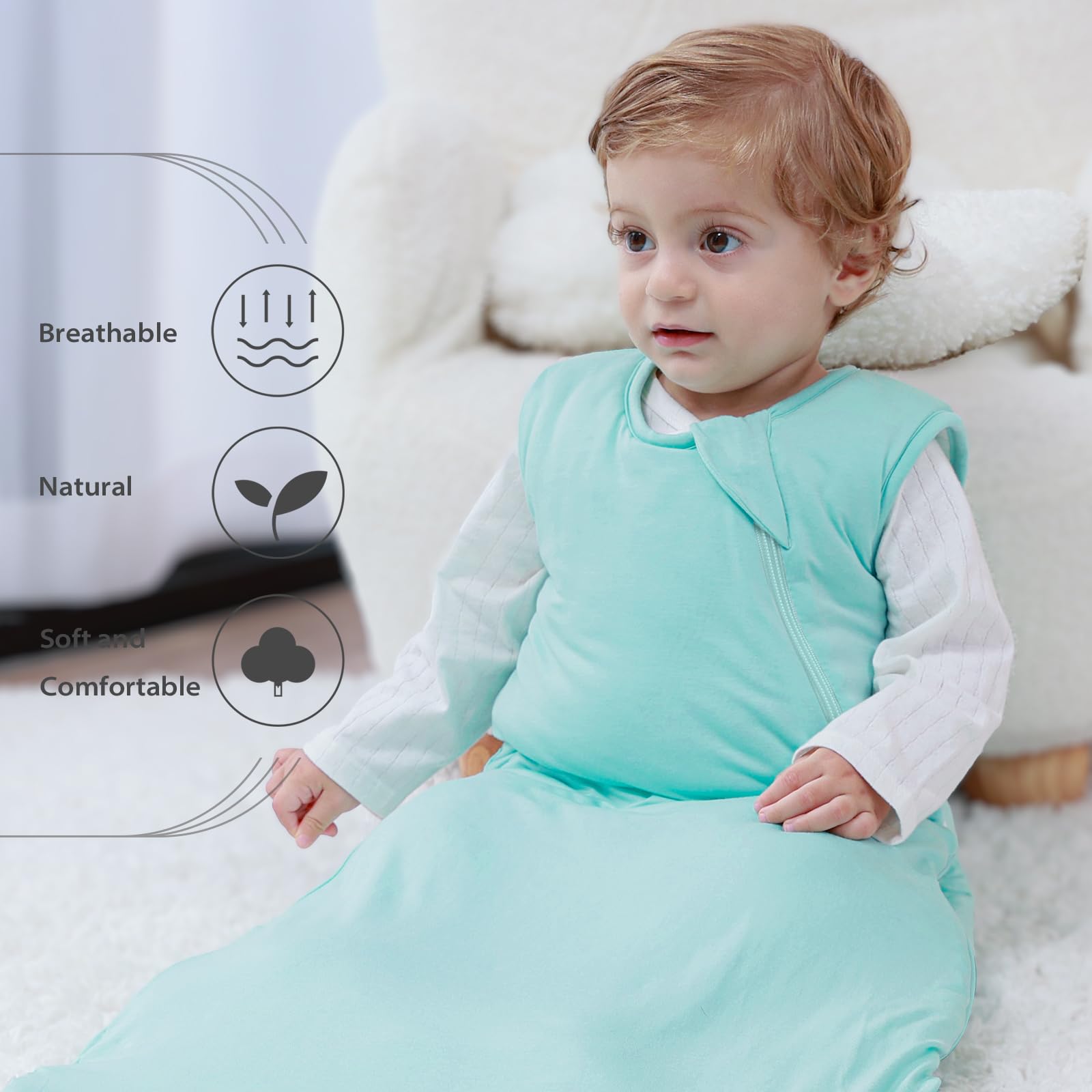Mosebears Sacco nanna invernale per bambini 2,5 tog,Sacco Nanna Neonato in fibra di bambù, morbidissimo e caldo(6-18 mesi, Verde)