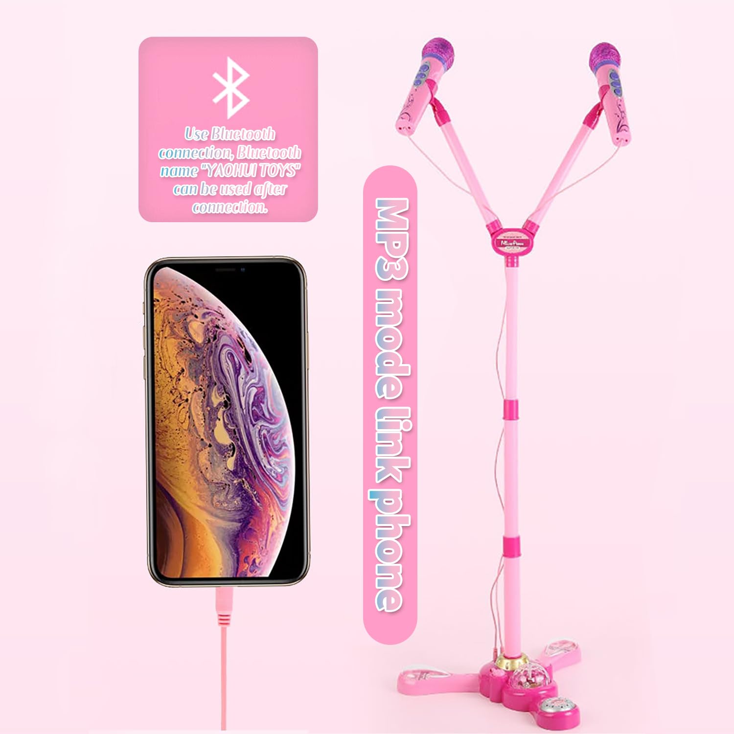 Kids Microphone and Stand,Double Head Kids Karaoke Machine with Stand With External Music Function & Flashing Lights Toy for Kids Children Girls(Pink) - Image 4