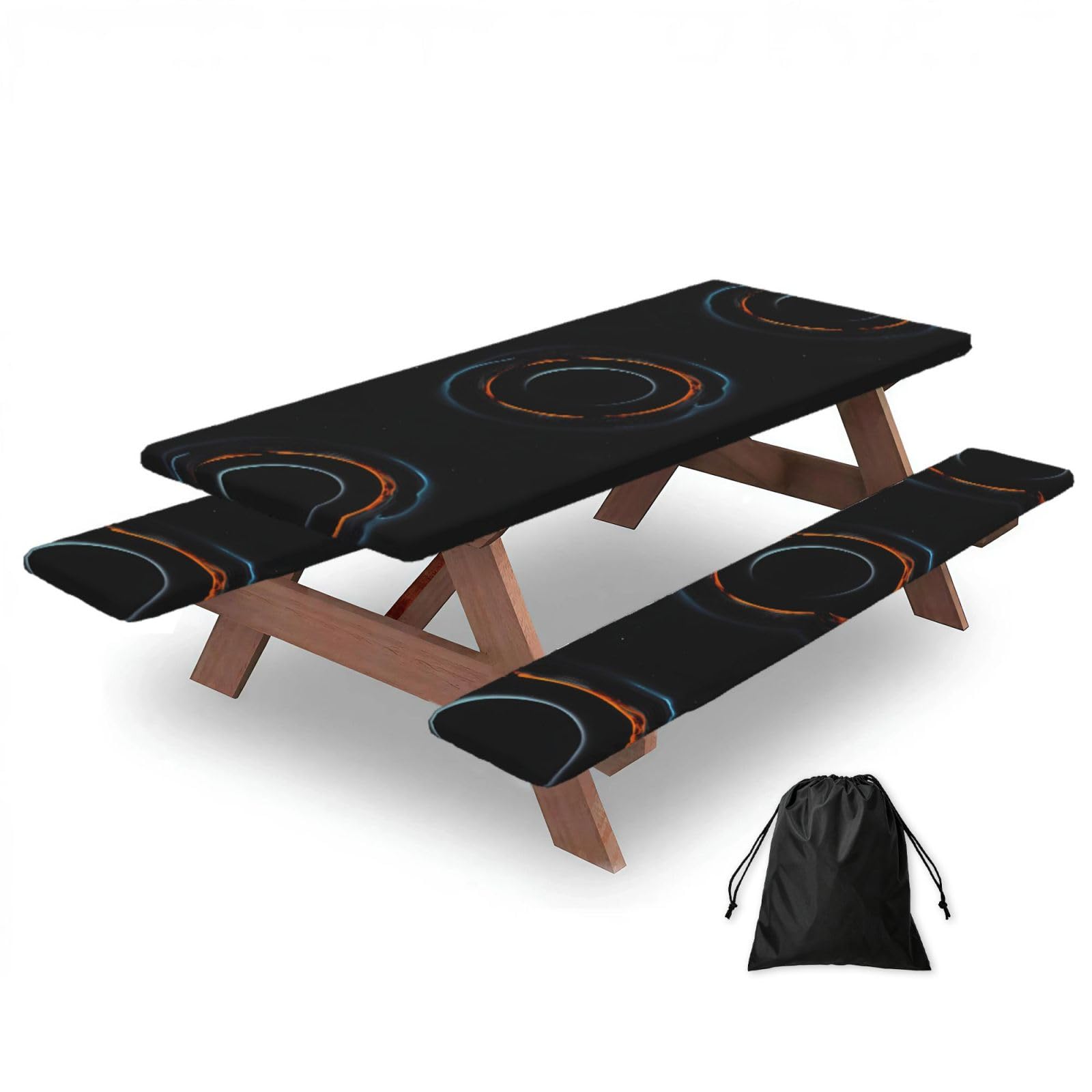 Erwqavc Black Mysterious Cosmic Holes Print Picnic Table Cover & Bench Covers 3-Pack Set, Elastic Tablecloths For 6 Ft Rectangle Tables