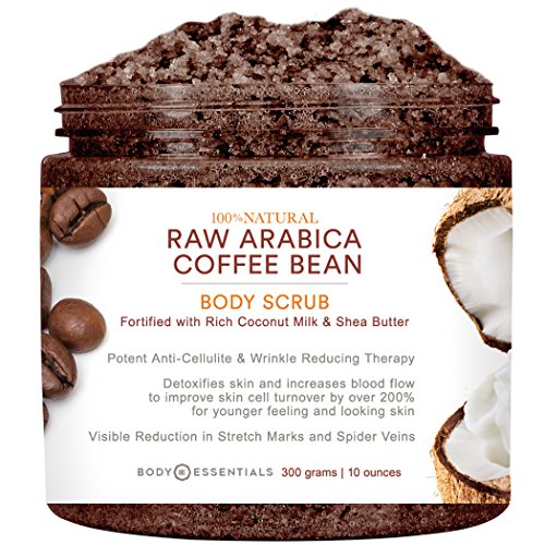 Body Essentials Arabica Coffee & Coconut Milk Scrub - 100% Natural Ingredients - Cellulite and Wrinkle Reduction – Stretch Marks – Spider Veins – Essential Oils - Shea Butter – Vitamin E