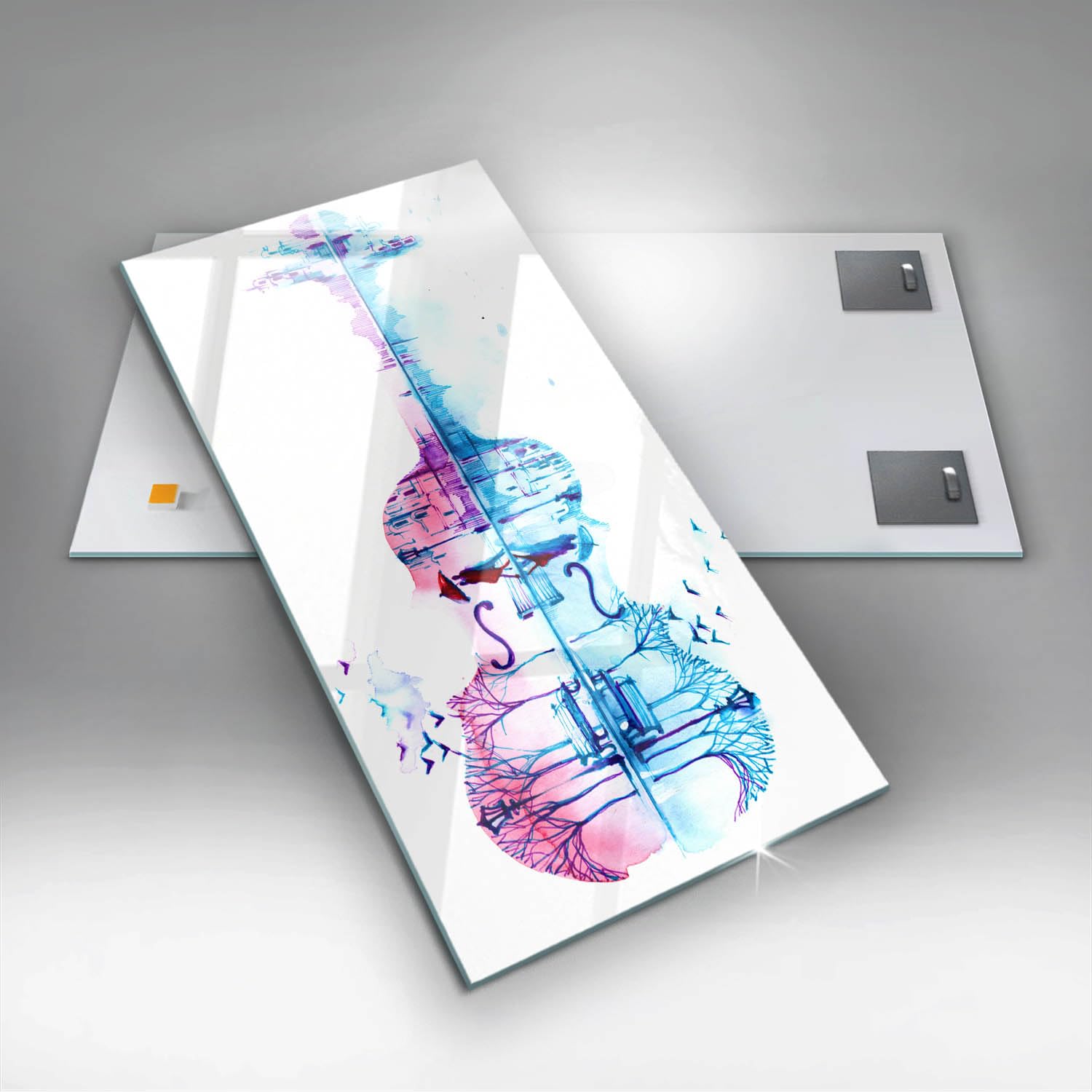 Wallfluent Für die Küche Badezimmer und Schlafzimmer Wanddekoration Mit Motiv 70x140cm Glasbild Bild Dicke 4mm Wandbild Gehärtetes Glas - Gemälde eines Cellos mit Park