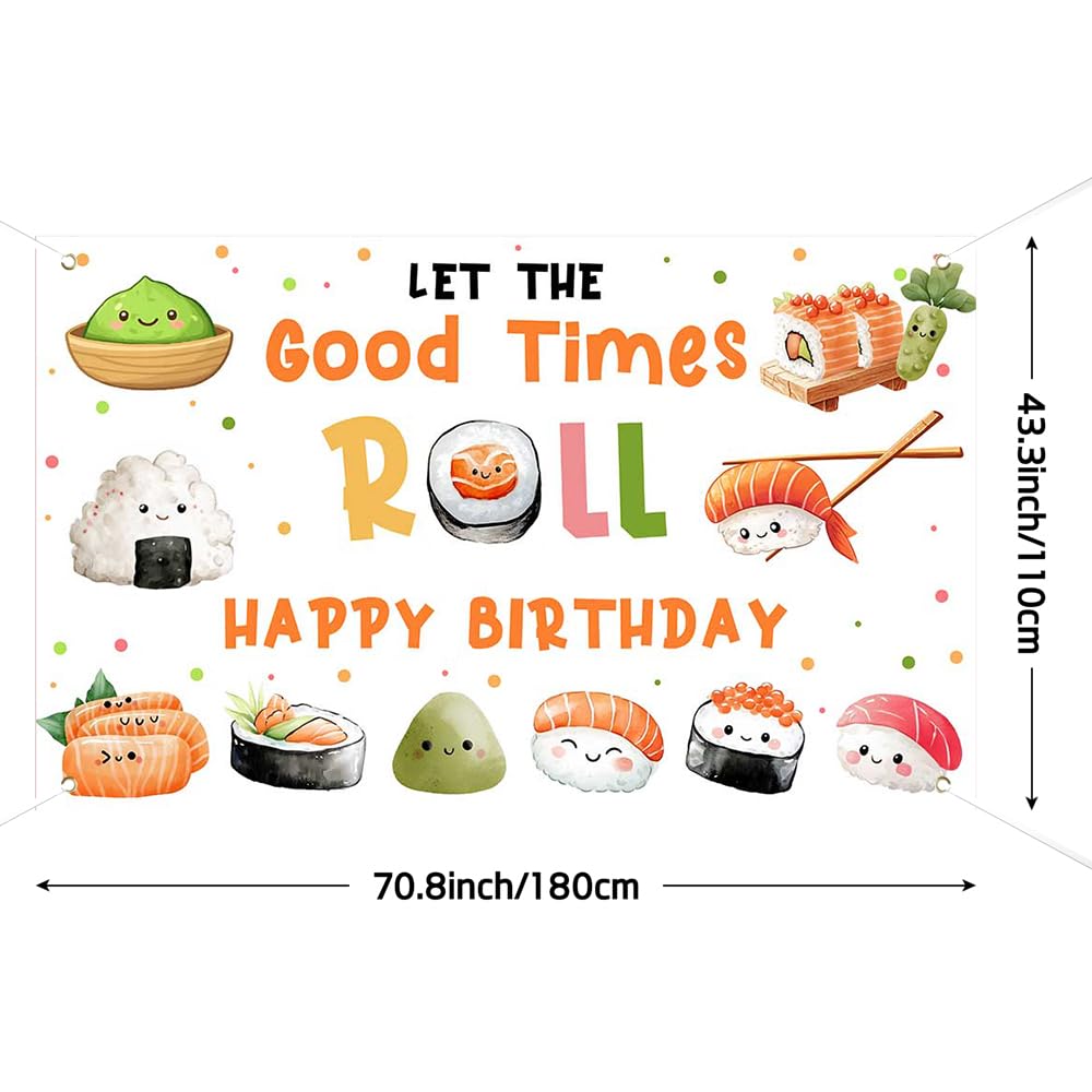 Cartel de feliz cumpleaños de sushi para niños – 70.8 x 43.3 pulgadas, suministros de fiesta de sushi kawaii, decoraciones temáticas japonesas para fiesta de cumpleaños de niños, rollo de 2