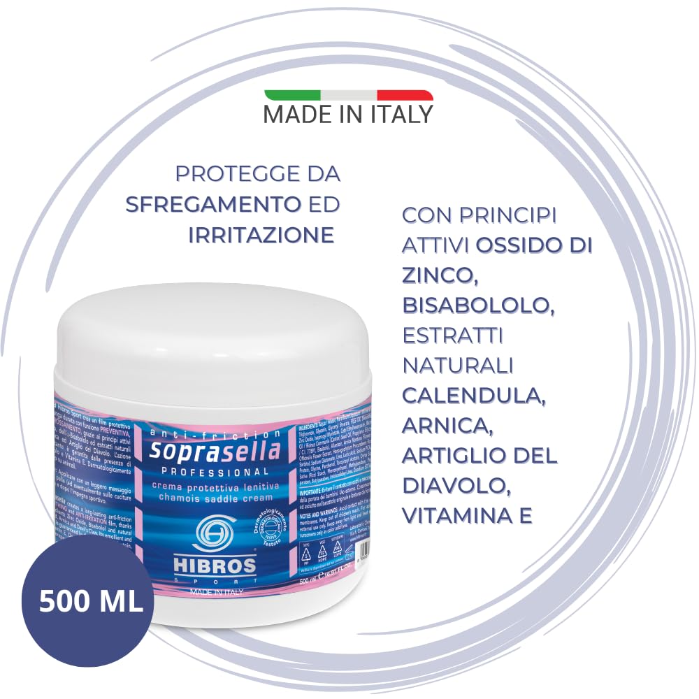Hibros Crema Soprasella Lenitiva Idratante Protettiva Anti Sfregamento per Fondello Ciclismo Sottosella - Bici Corsa Sport Running 500 ml