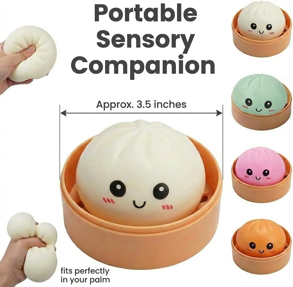 Dumpling Squishies, Glitter Dumpling Squishy Mystery Box, Glitter Steamed Bun Squeeze Toy for Anxiety Relief, Soft TPR Bao Bun Sensory Fidget, Funny Face Dough Ball Party Favors Gifts (Orange, L)