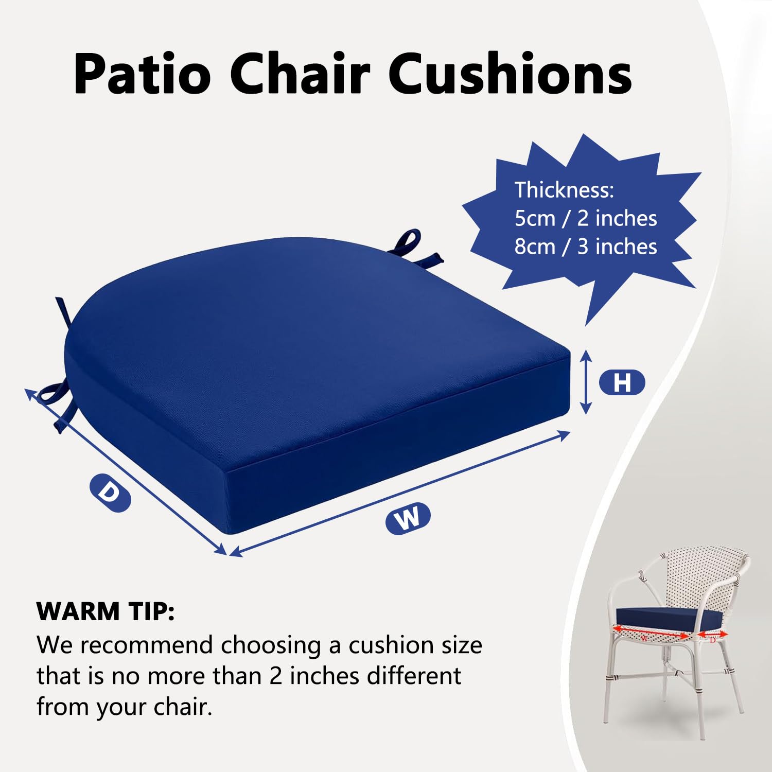Coussins De Chaise D'extérieur, Coussins D'assise Imperméables À Coins Arrondis avec Attaches, Coussins De Chaise De Patio pour Meubles, Coussin D'assise Épais,L,48x48x8cm