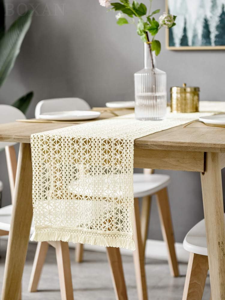 BOXAN 11" x 72" Beige Macrame Table Runner, Boho Woven Cream Lace Wedding Table Runner with Tassels for Bohemian Wedding Bridal Shower Party Decor, Rustic Farmhouse Home Dining Crochet Table Linen