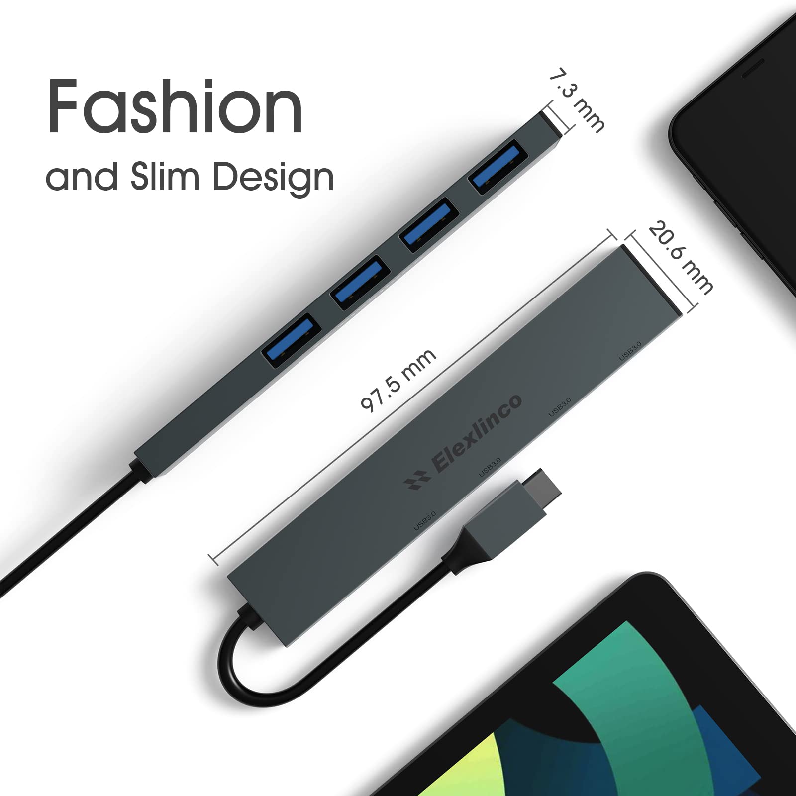 Hub USB C, Elexlinco Hub di Tipo-C di Base, Hub da USB C a USB A con 4 Porte, Hub di Dimensioni Compatte Compatibile con MacBook Air/Pro, iPad, PC Portatile per Computer e Altri Dispositivi di Tipo C