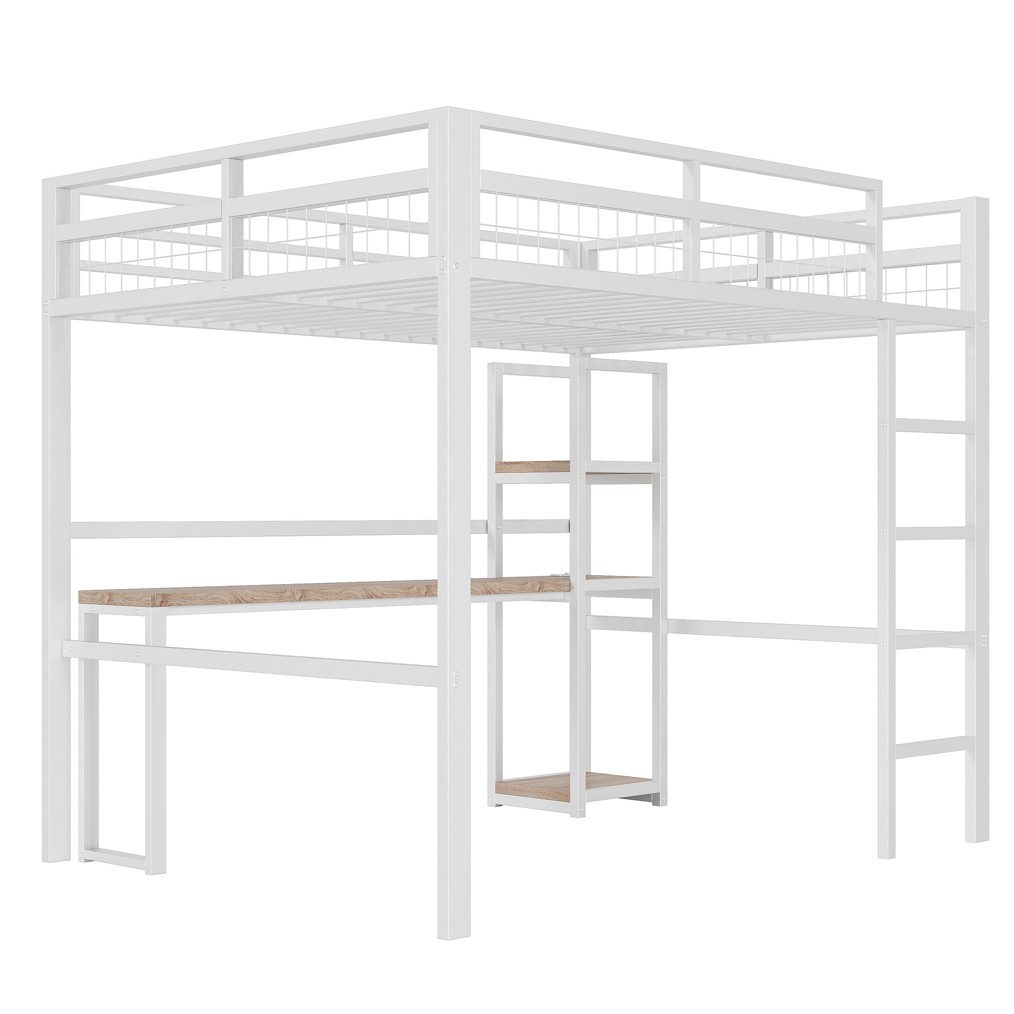 Kebnor Cama alta de 140 x 200 cm, marco de hierro, varios estantes, escritorio con enchufe, barandilla, escalera blanca (sin colchón)
