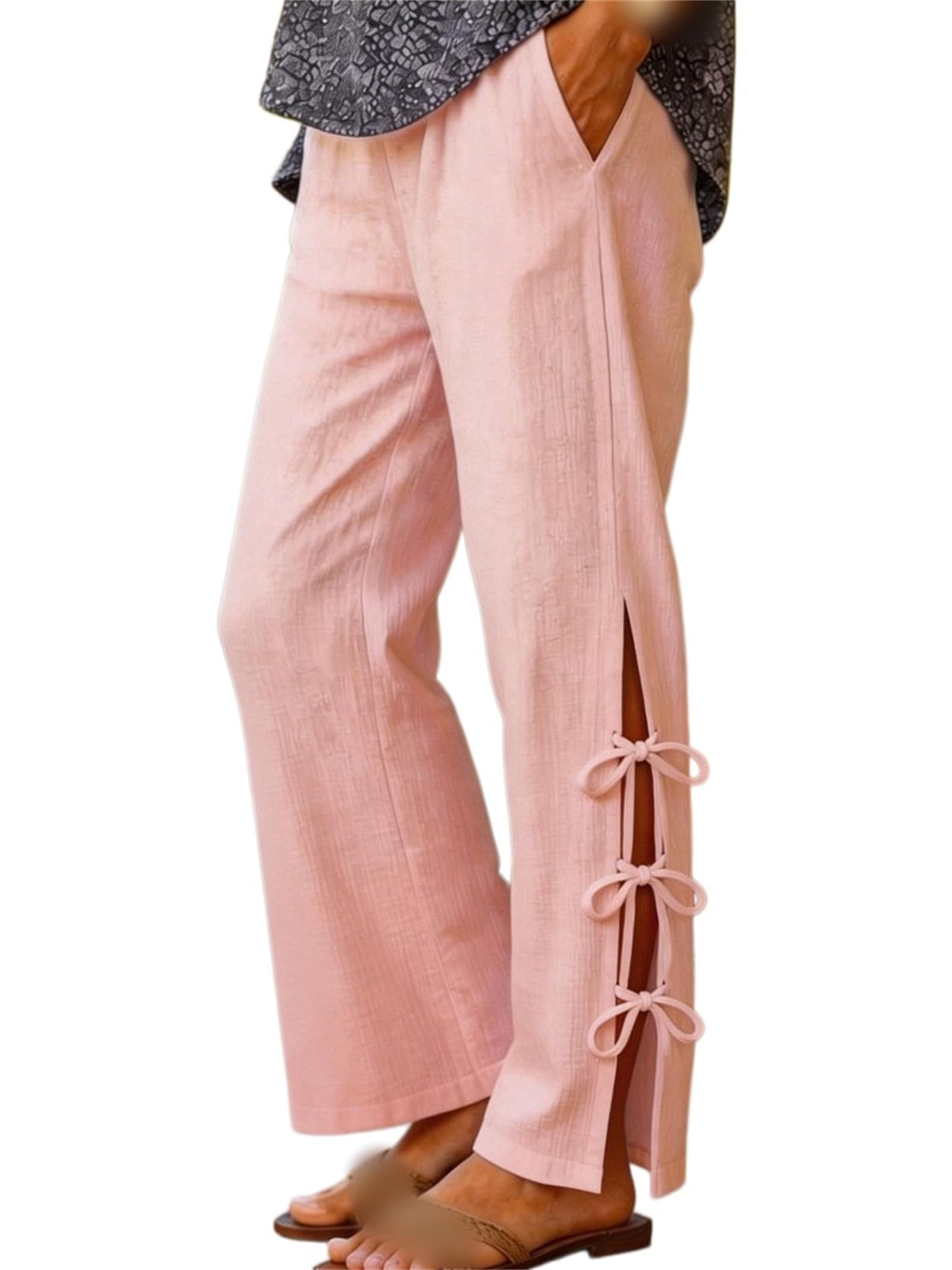 Pantaloni da Donna Casual in Misto Cotone e Lino, vestibilità Ampia, Tinta Unita, Vita Elasticizzata, Spacchi Laterali e Cintura da Annodare; Stile Estivo Boho con Nodo Laterale