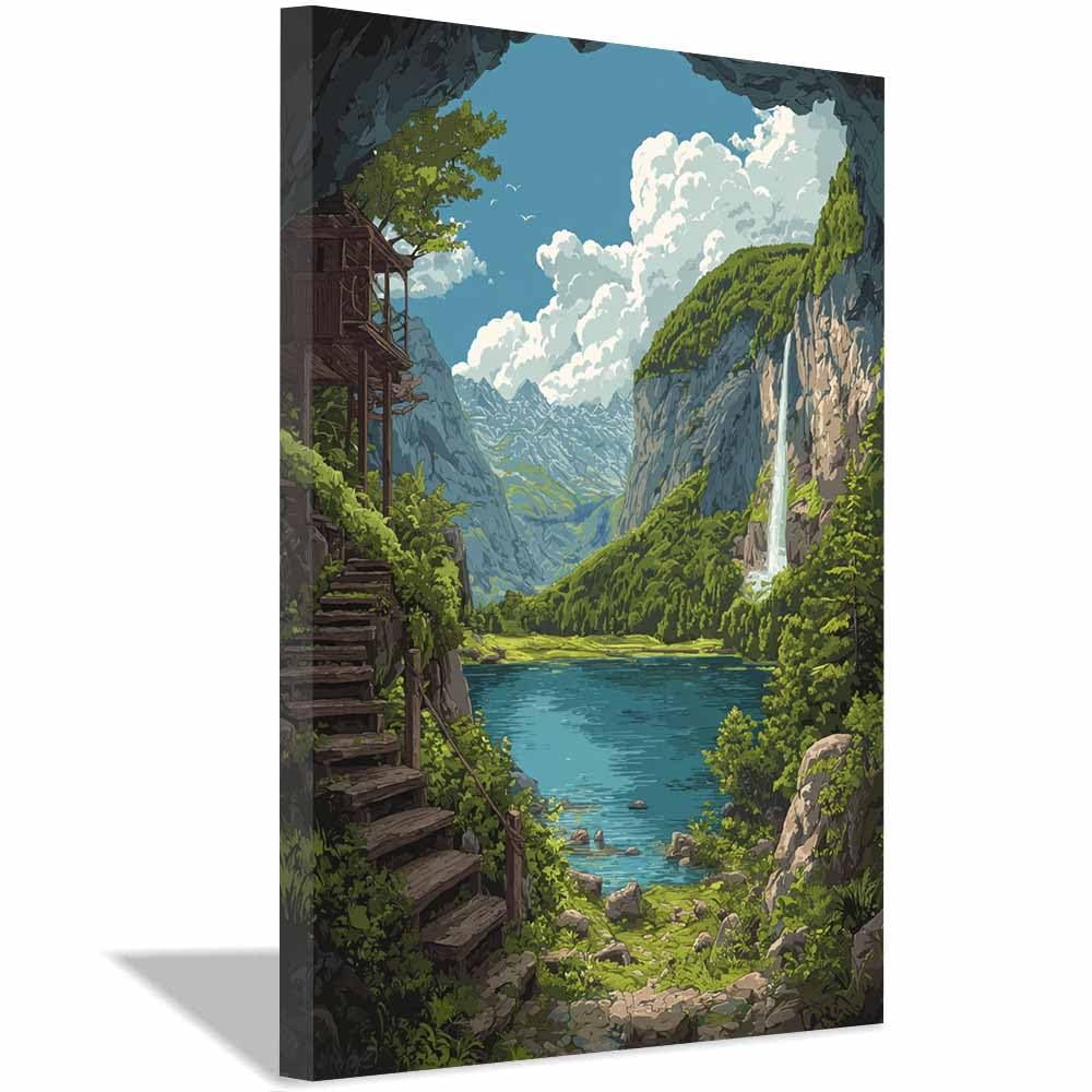 HOQIU Wall art for home decor Cave Lake Waterfall Views canvas artwork for wall, art prints, For living room, bedroom, bathroom, dining room, painting and decor.(Multicolor)-30x40cm Framed