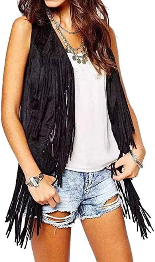 Paixpays New Tassels Fringe Sleeveless Vest Cardigan Waistcoat Jacket Outwear Tops (XXXL, Black)