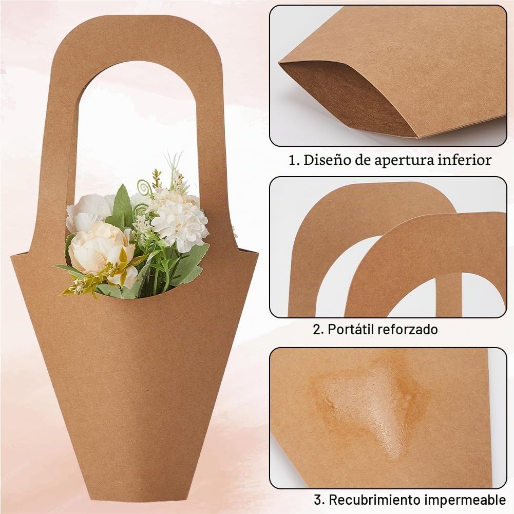 GORGECRAFT 20 bolsa de Regalo de Flores de Papel Kraft Marrón con Asa Cesta de Ramo En Forma de Cono de 42x23cm Envoltura de Flores para Regalo de Boda Cumpleaños San Valentín Floristería Fiesta