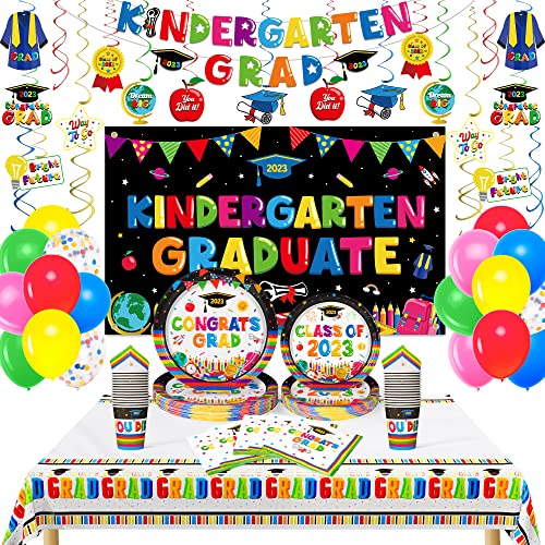 134 Pcs Kindergarten Graduation Decorations, 24 Set Disposable Graduation Plates And Napkins, Kindergarten Graduation Banner Balloons Tablecloth Swirl Poster For Preschool School Grad Party Decor #TOP23