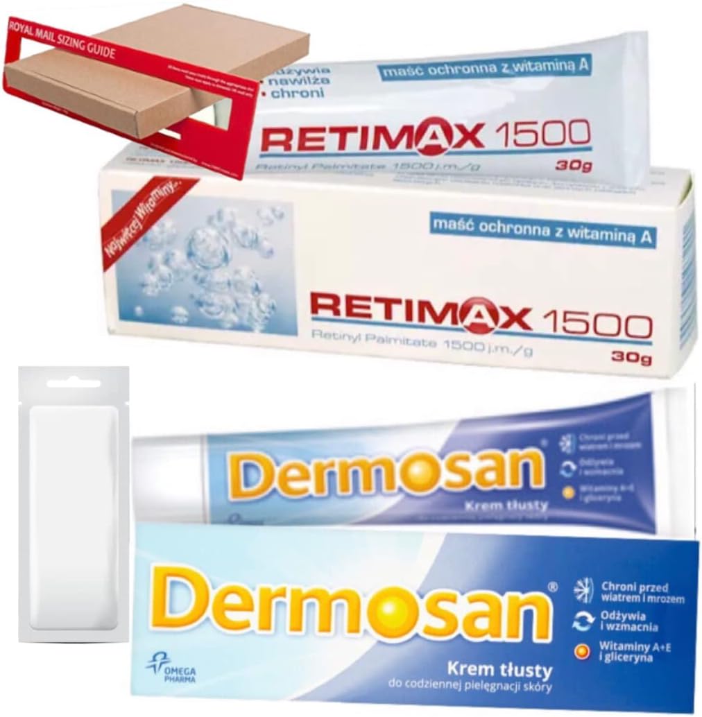 Retinol Cream x 2 ( 1 Retimax 1500 + 1 Dermosan ) Vitamin A E Acne Scars Dry Sensitive Skin Anti Ageing Blemish Pigmentation 30g + 40g Tubes of Retinal