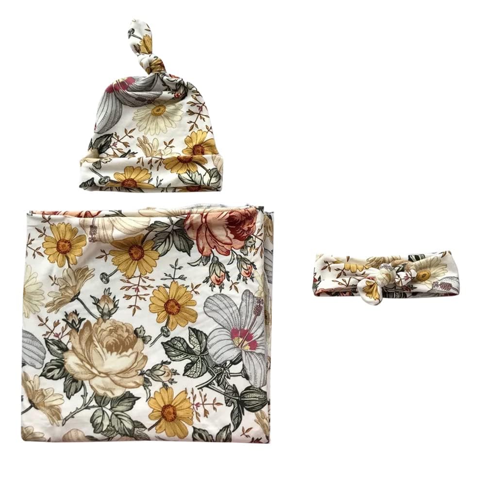 Newborn Swaddle Set Floral Print Soft Baby Girl Newborn Receiving Blanket Hat Headband Set (D)