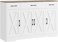 HOSTACK 55" Modern Farmhouse Buffet Sideboard with Drawers, Adjustable Shelves & Doors - White/Rustic Storage Cabinet for Kitchen Dining