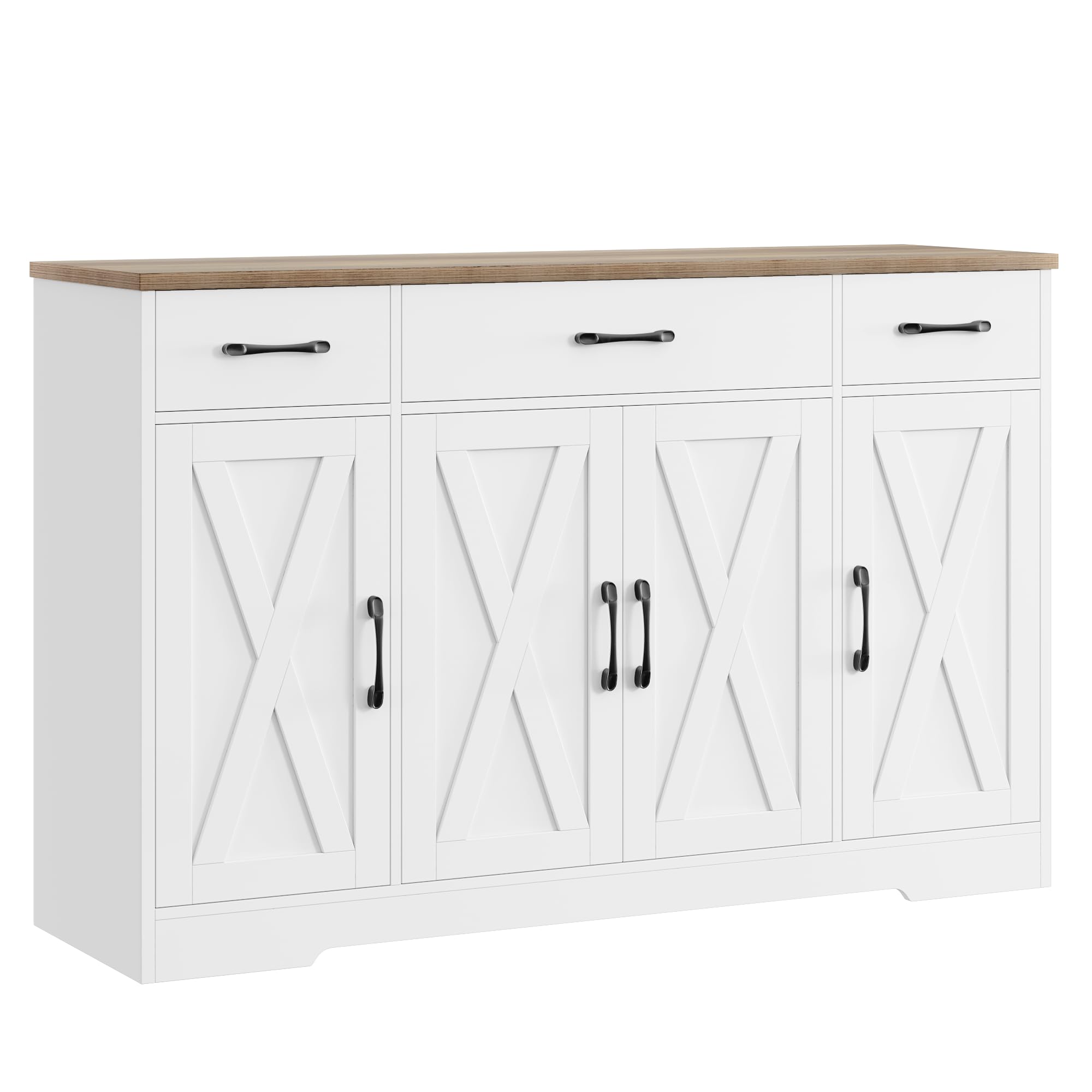 HOSTACK Buffet Cabinet with Drawers, 55" Large Sideboard Buffet Storage Cabinet with Shelves and Doors, Modern Farmhouse Coffee Bar Station Wood Kitchen Table for Kitchen, Dining Room, White/Rustic