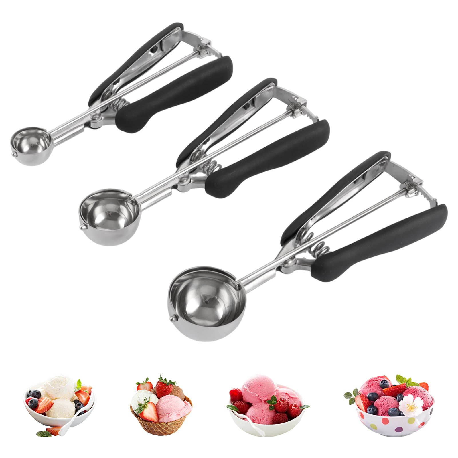 Juego de 3 Cuchara Helado Acero Inoxidable, Cuchara para Helado con Gatillo 3/4/5 cm, Sacabolas para Postres Masa Melon Galletas Cocina Diaria Negra