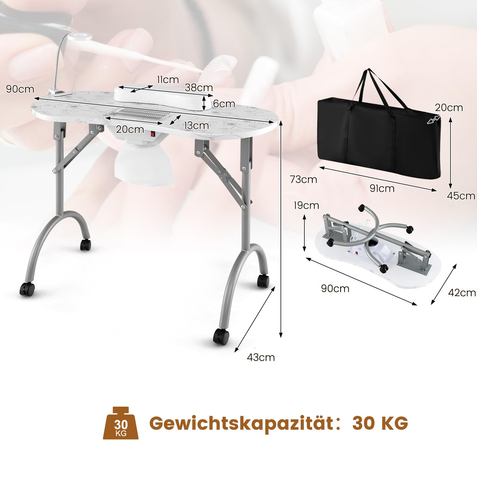 COSTWAY Maniküretisch klappbar, Nageltisch mit elektrischem Staubsammler, LED-Lampe, Handgelenkauflage, Tragetasche & Rollen, Maniküre Tisch Marmor Optik (Weiß)