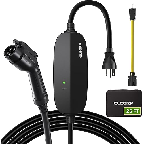 ELEGRP Level 1/2 EV Charger, 16 Amp, Portable J1772 Electric Car Charger, 25FT Cable, NEMA 6-20 Plug and 5-15 Adapter, 110V-240V for BEVs/PHEVs, PBE & LRC Technology